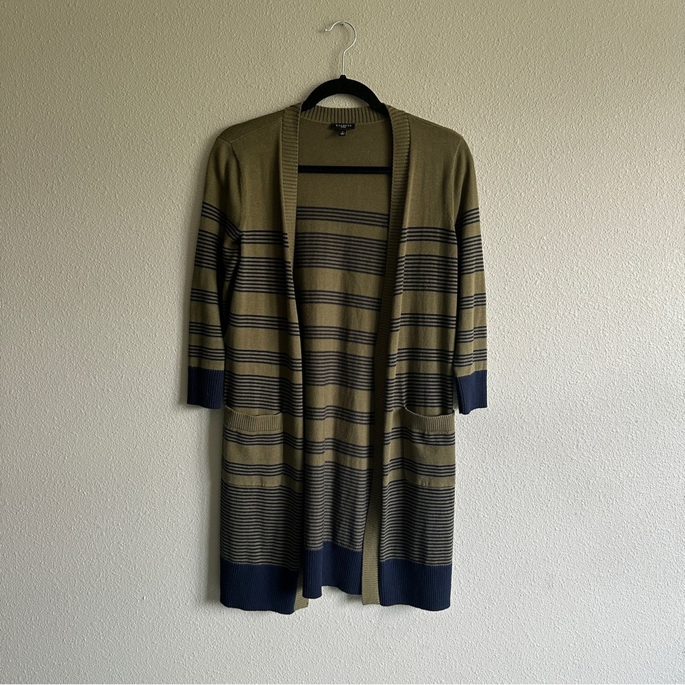 Talbots Olive Striped Knit Long Cardigan P